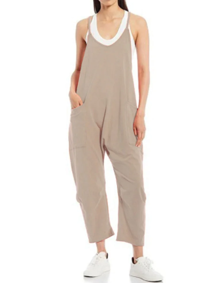 Women's Pure Color Linen Sling Pocket Jumpsuit