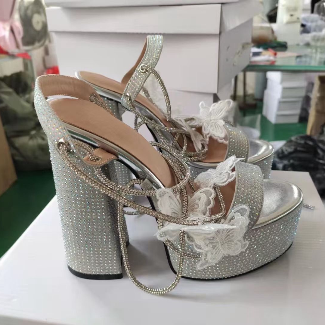 VCSHOES Silver Glitter Butterfly Sandals Stripper Gladiator Sandals Strappy Heels Block Platform Shoes