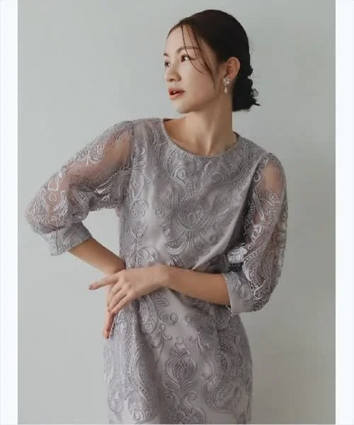 ランタンスリーブ刺繍レース バック リボン ワンピース 結婚式