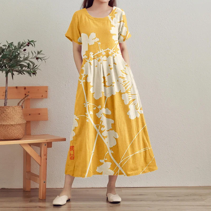 Vintage Japanese Art Pattern Linen Maxi Dress