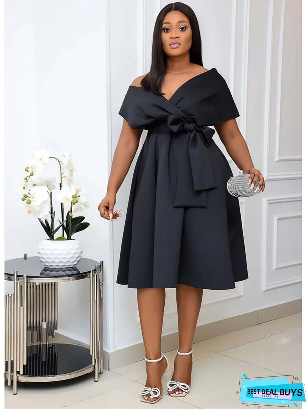 Large Women's Short Sleeve V-Neck Off Shoulder Evening Dress Black Dresses