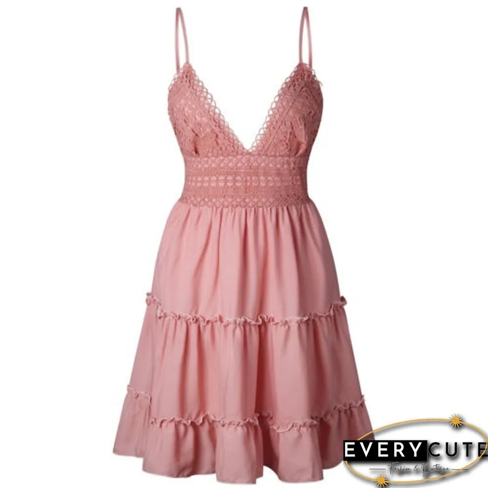 Women Summer Boho Lace V-Neck Sling Mini Dress Solid Color Dress