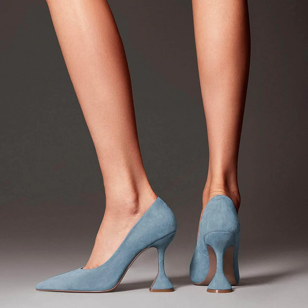 Light Blue Vegan Suede Pointed Toe Pumps Shoes with Flared Heel