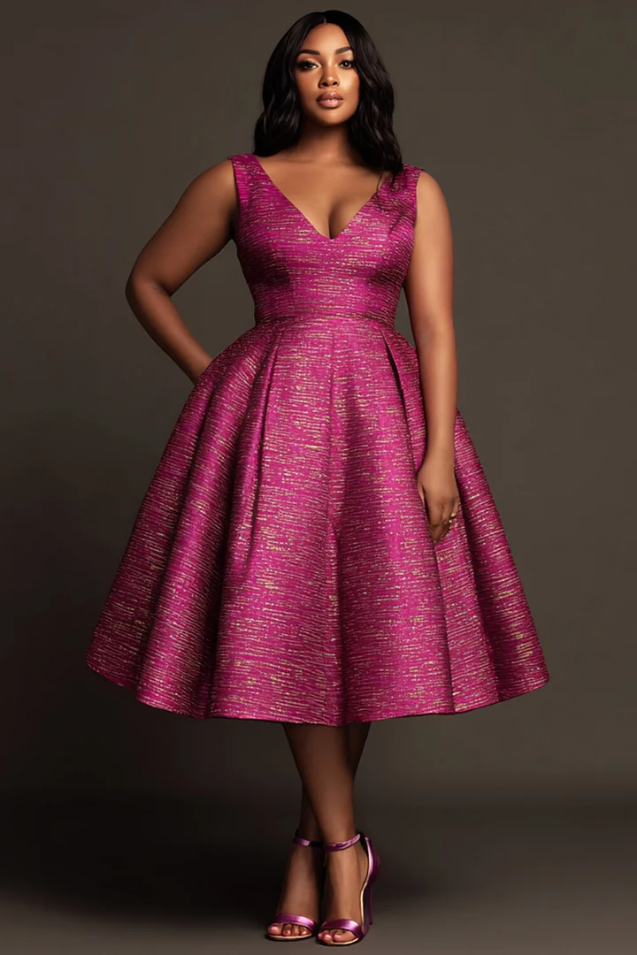 Xpluswear Design Plus Size Cocktail Party Elegant Hot Pink V Neck Pocket Pleated Satin Midi Dresses 2024 - Xpluswear