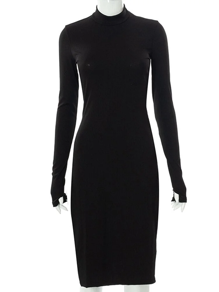 WannaThis Turtleneck Knee Length Dresses For Women Sexy Side Split Elegant Long Sleeve Bodycon Chic Autumn Fashion Dresses 2021