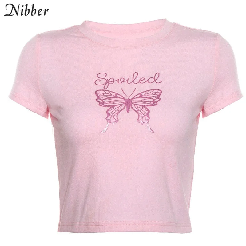 Nibber summer pink cute Butterfly print cotton crop tops women2019fashion high street casual tees Basic Slim short sleeve tshirt