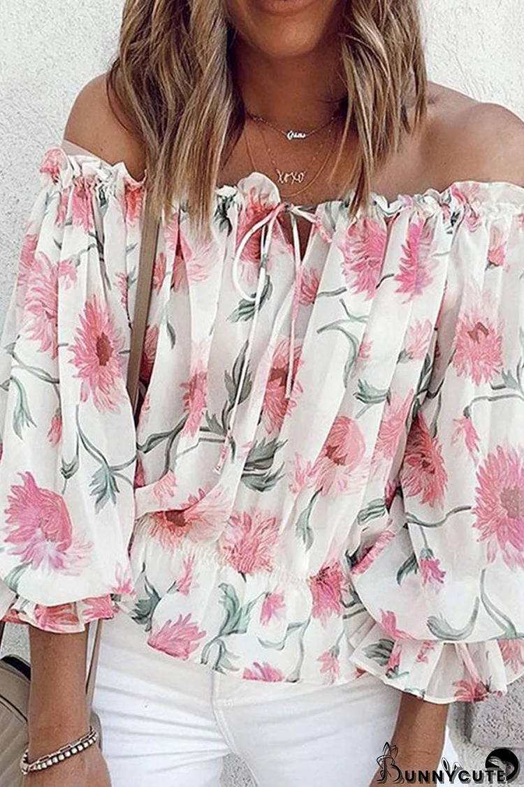 Fashion Sweet Print Split Joint Off the Shoulder Tops