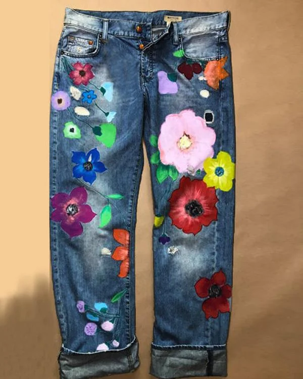 denim floral casual pants p451064
