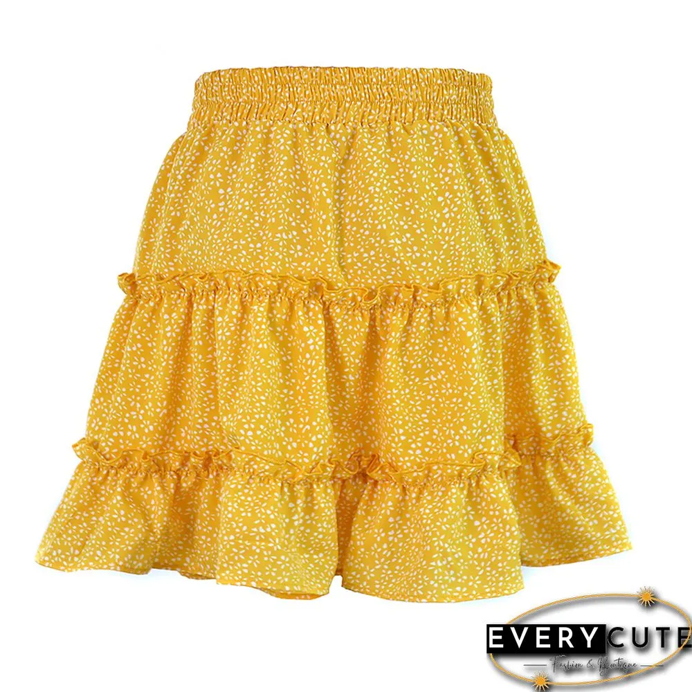 Yellow Floral Print A-Line Mini Skrit