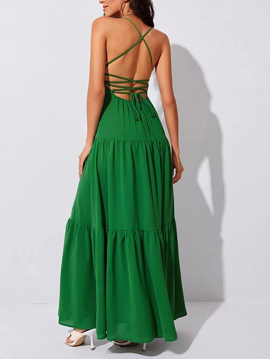 Sleeveless open-back lace-up maxi dress