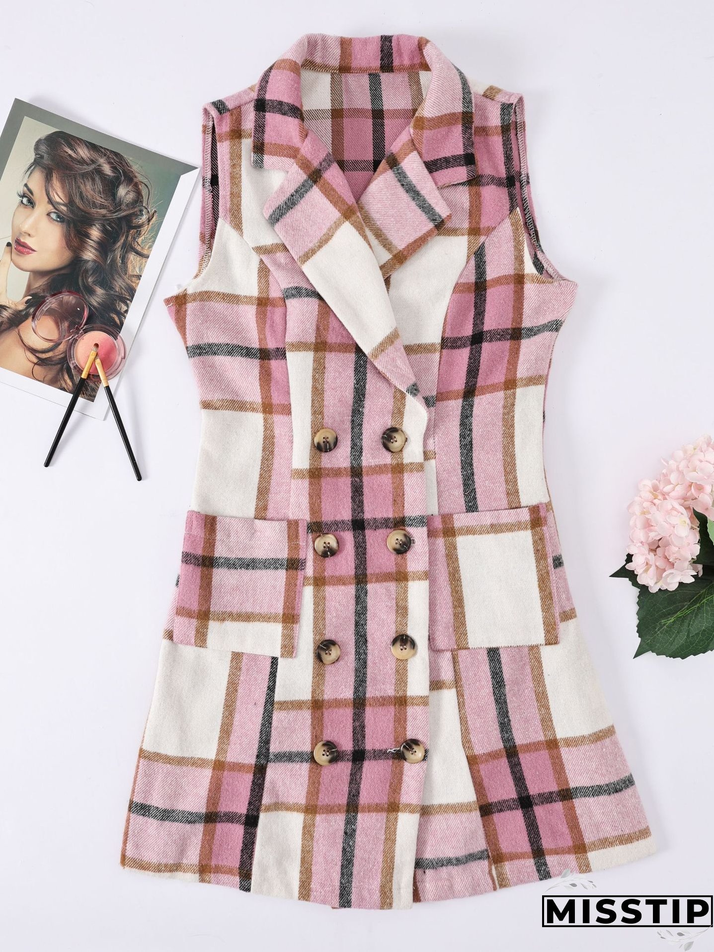 Women's Fashion Plaid Long Vest Turndown Collar Sleeveless Blazer