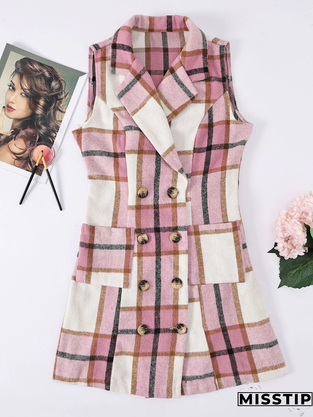 Women's Fashion Plaid Long Vest Turndown Collar Sleeveless Blazer
