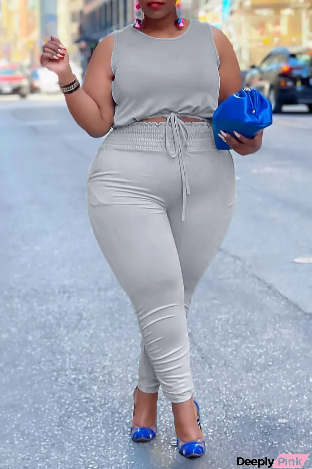 Grey Casual Solid Split Joint O Neck Plus Size Two Pieces