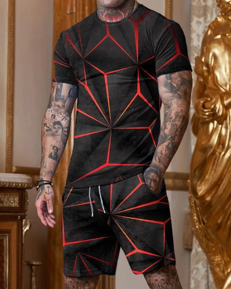 Men's casual black and red geometric print round collar suit.jpg