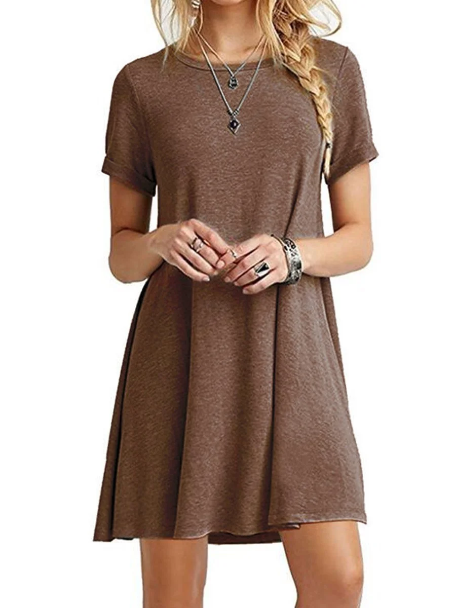 Round Neck Solid Color Short Sleeves Shift Dress
