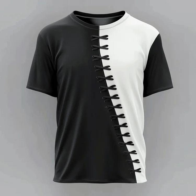 Okaywear Contrast Color Strappy Patchwork Short Sleeve T-Shirt Okaywear
