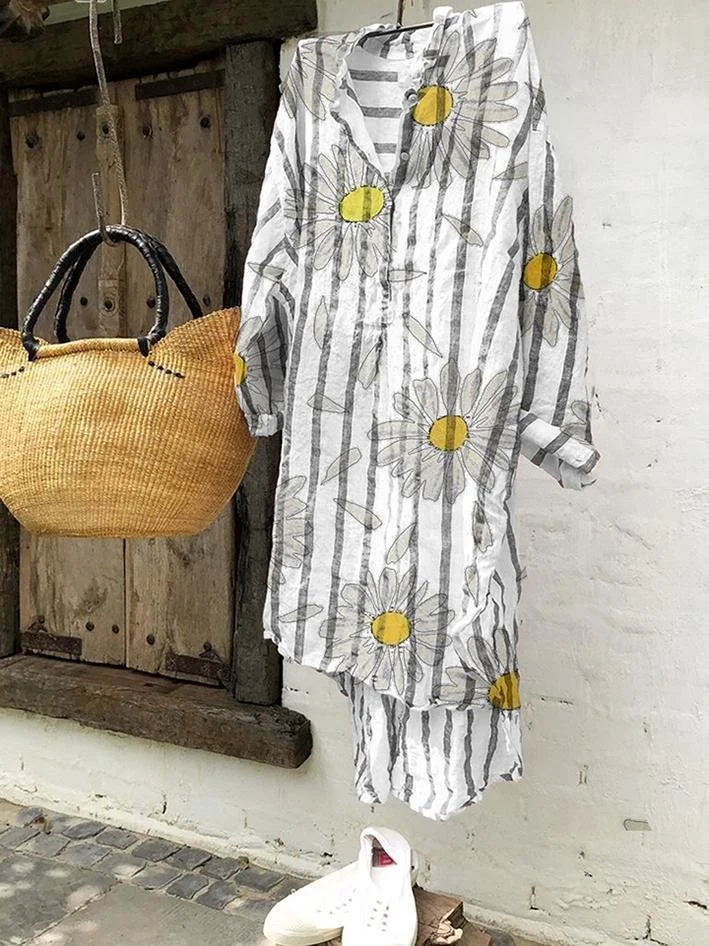 VChics Vintage Striped Daisy Printed Lapel Floral Print Cotton Linen Skirt Dress