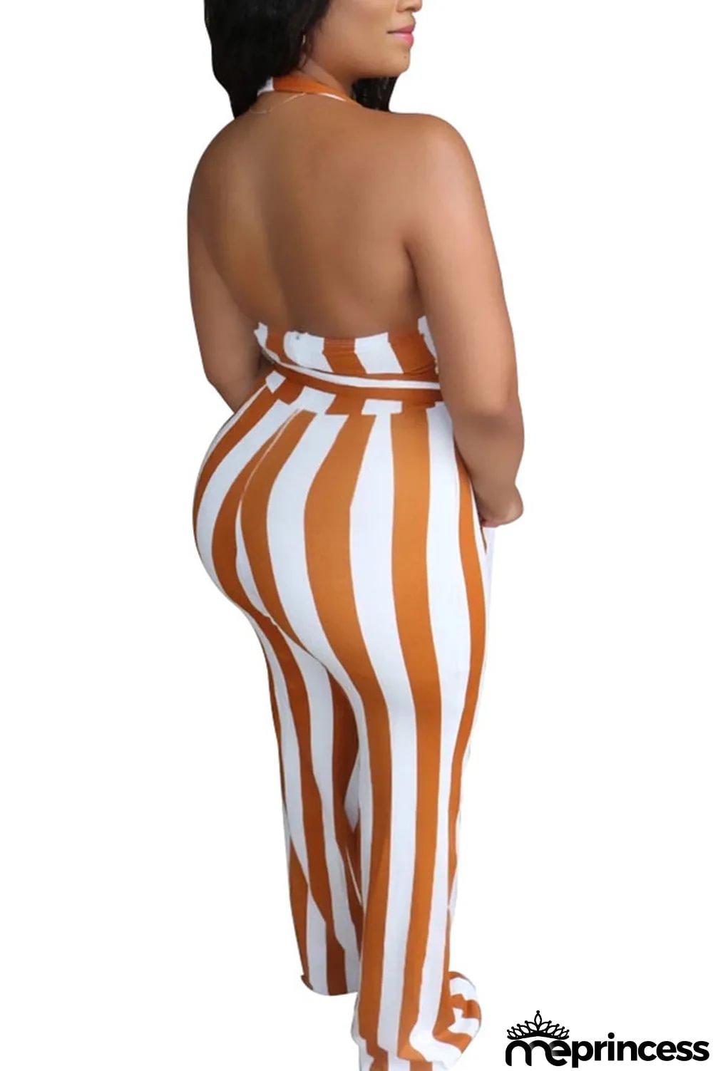 Black Fashion street Striped Backless Polyester Sleeveless V Neck Jumpsuits