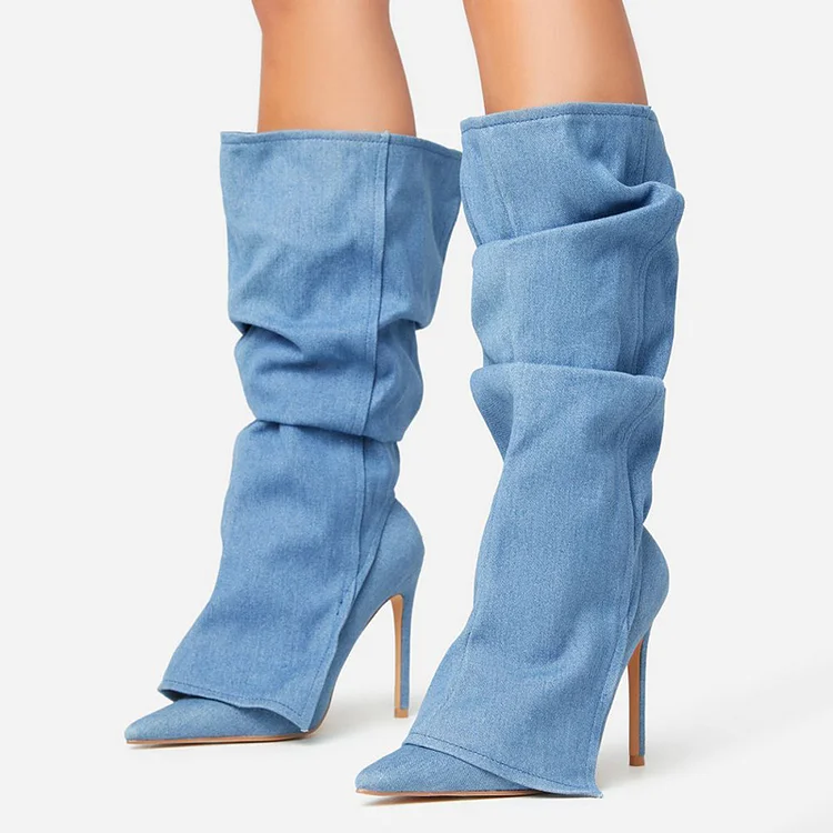 Elegant Blue Folded Strap Boots Women'S Pointed Toe Stiletto Heels Calf High Denim Boots |FSJ Shoes