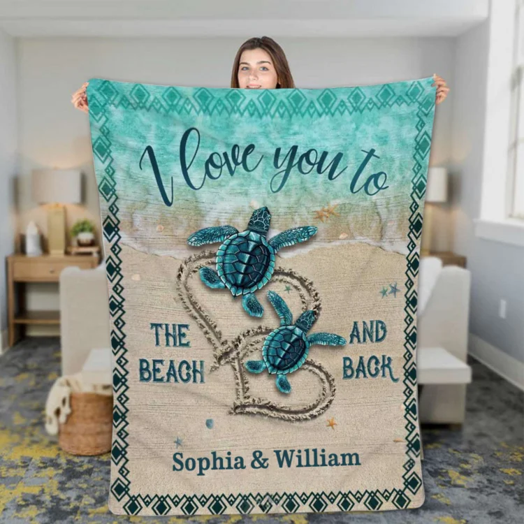 Personalized Couple Blanket Engrave Name Sweet Gift "I love you to the beach and back"