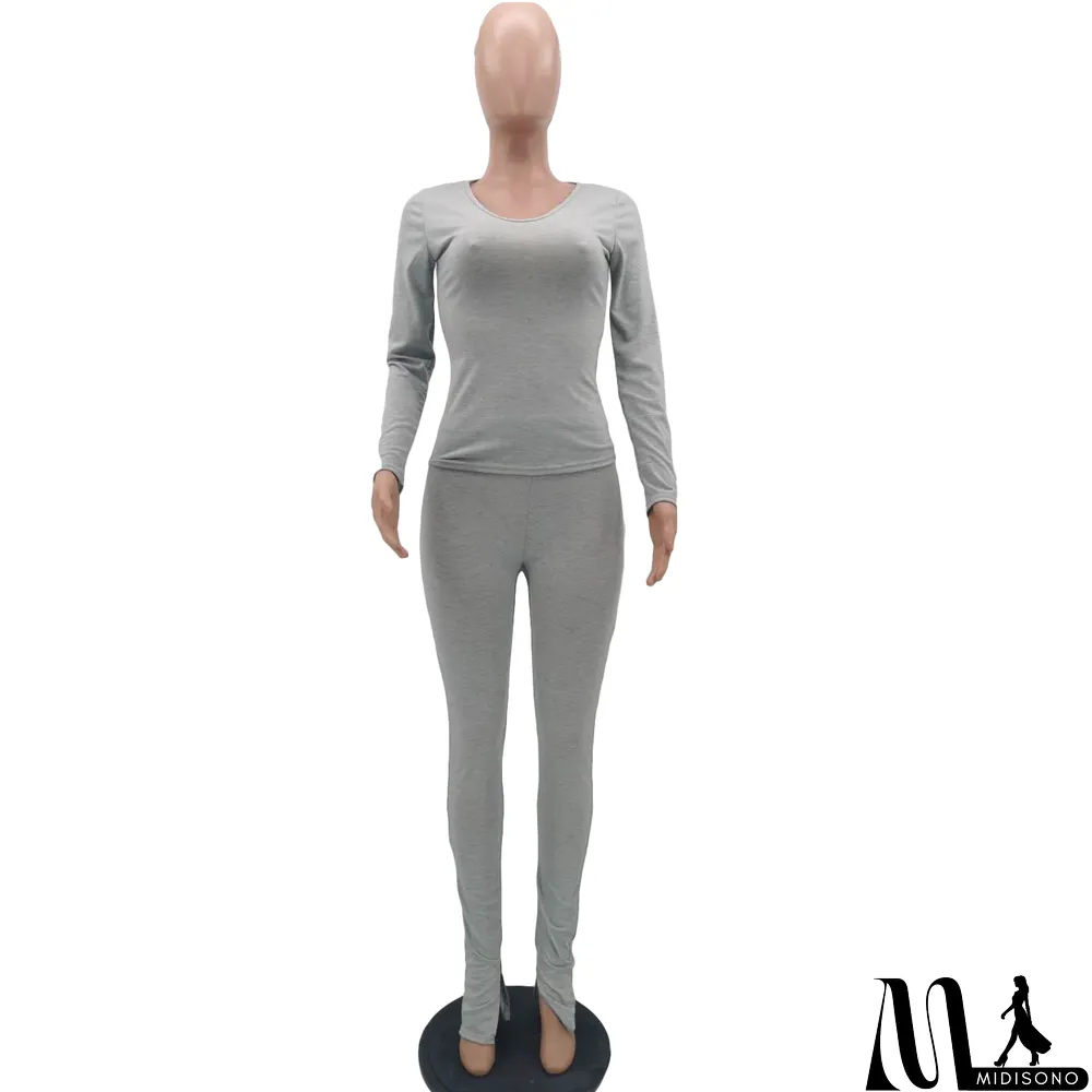 MidiSono - Autumn Solid Plain V-Neck Shirt and Matching Pants Set