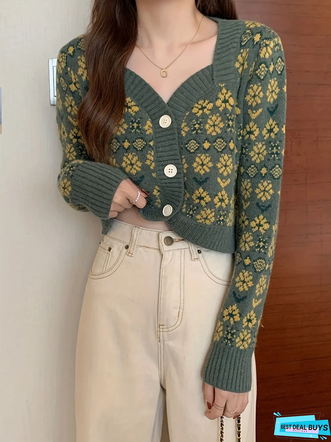 Floral Pattern Button Down Knit Cardigan, Cute Long Sleeve Crop Sweater, Women's Clothing