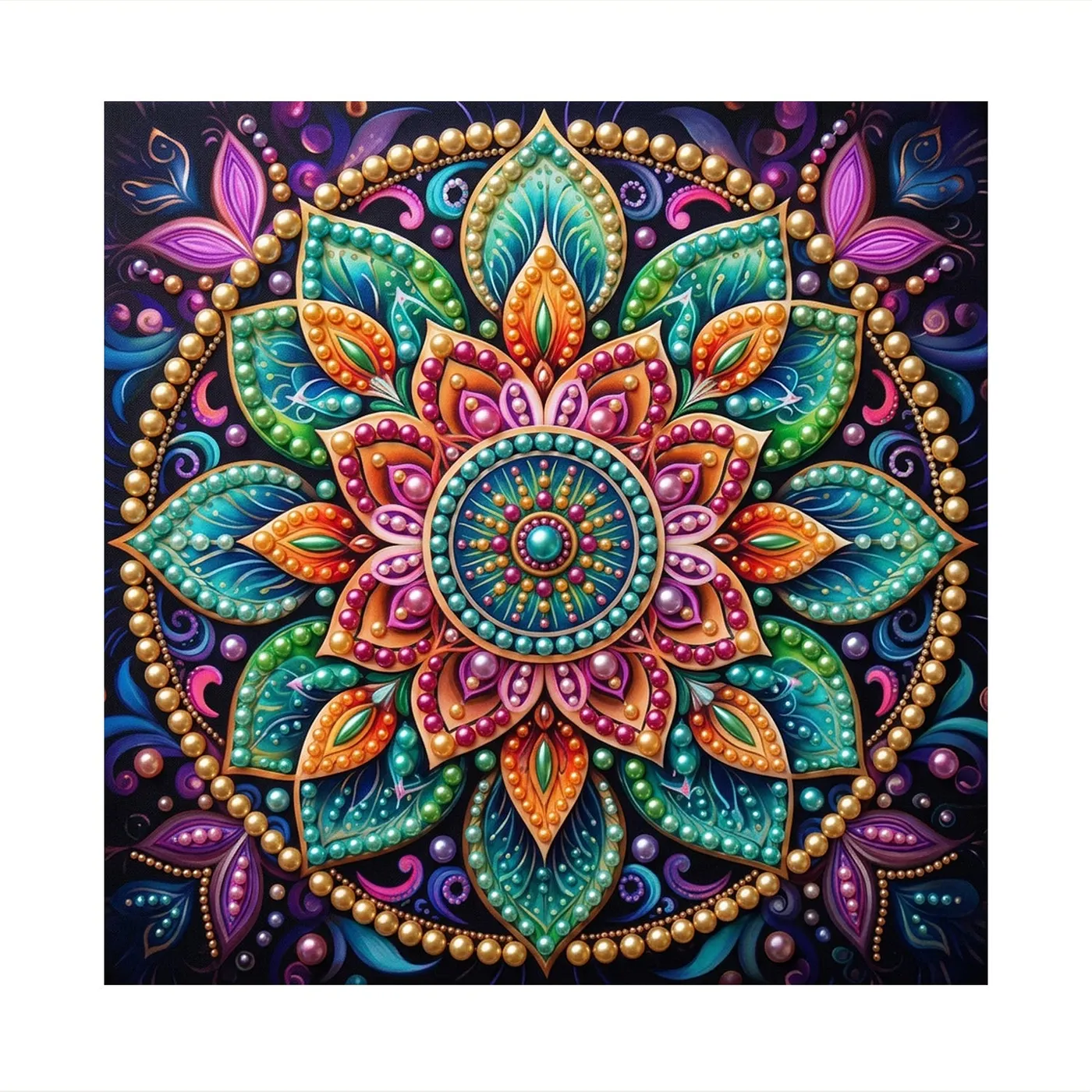 Colorful Floral Mandala on Dark Ground - Pearls Painting