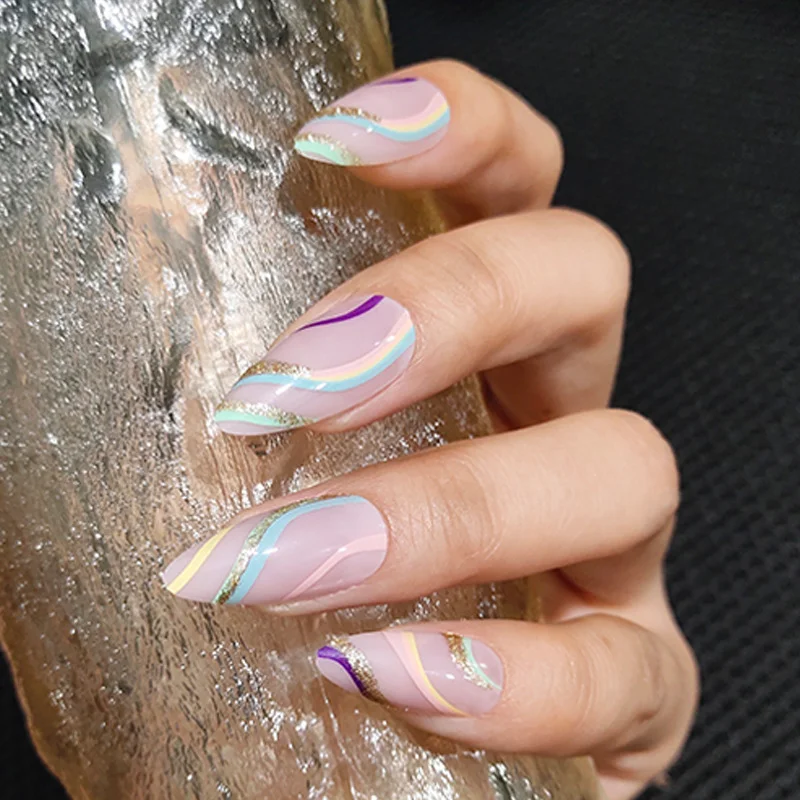 Churchf Churchf A Finished Multi-Color Corrugated Shiny Gold Powder Nail Ins Wind Fake Nails 24 Pieces Box