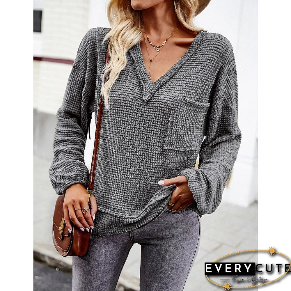Gray V Neck Waffle Pocket Long Sleeve Tops