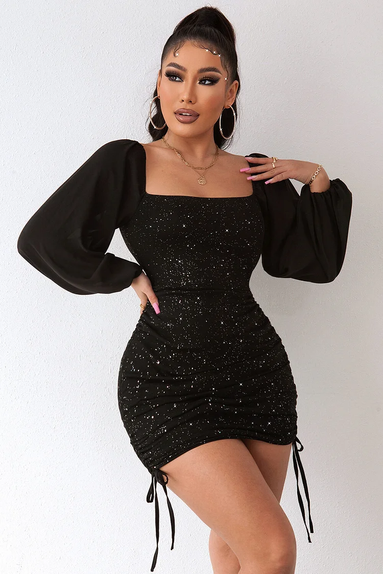 Square Neck Lantern Sleeve Shimmery Drawstring Ruched Mini Dresses-Black