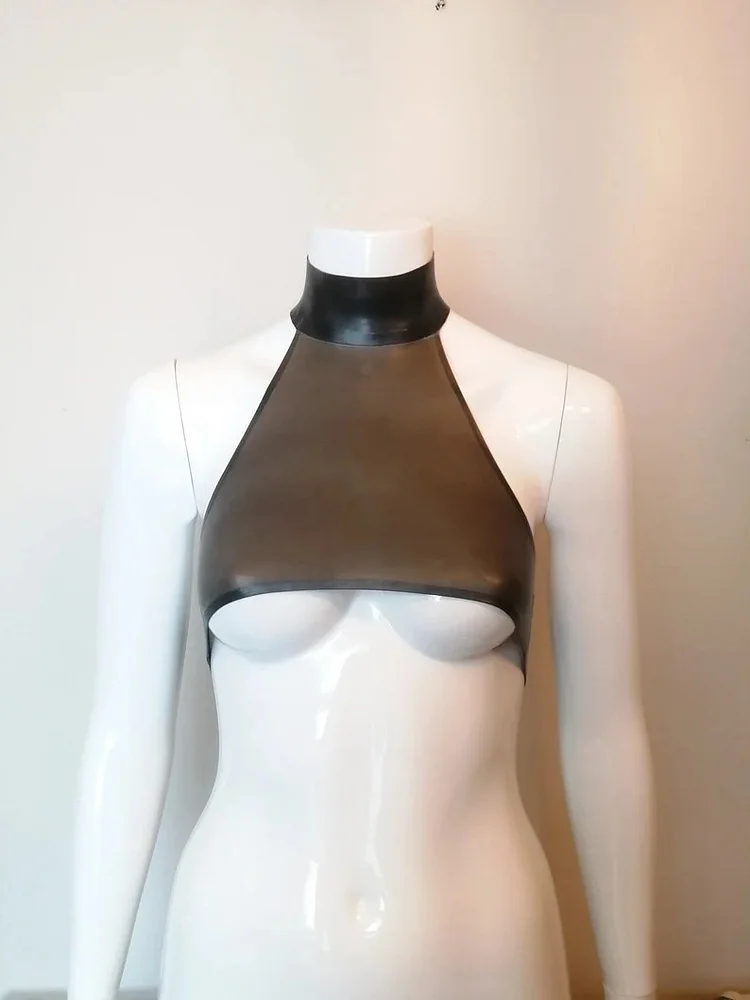 Women Latex Tops Smoky Black Under-Boob Halter Top