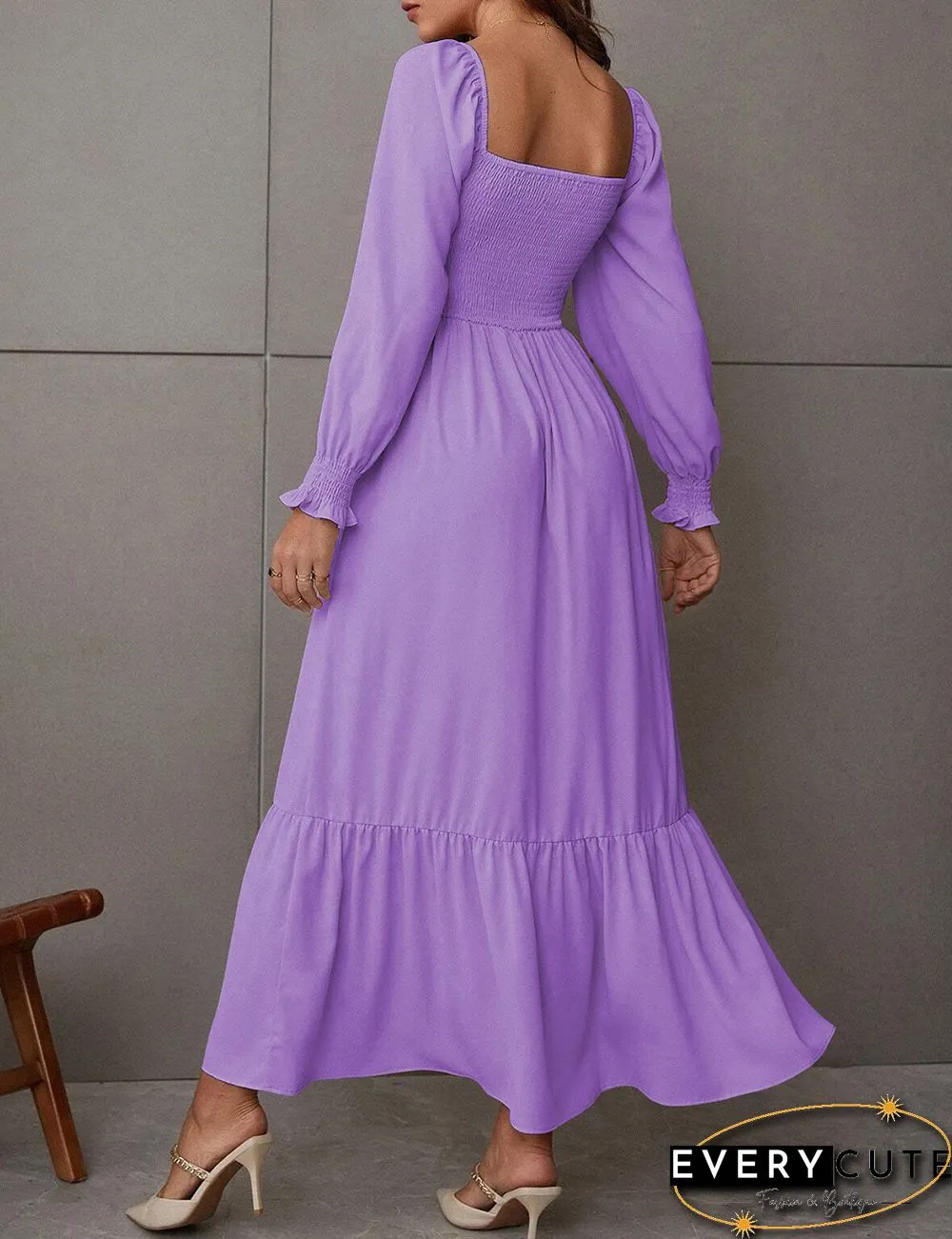 Purple Square Neck Pleated High Waist Maxi Dress