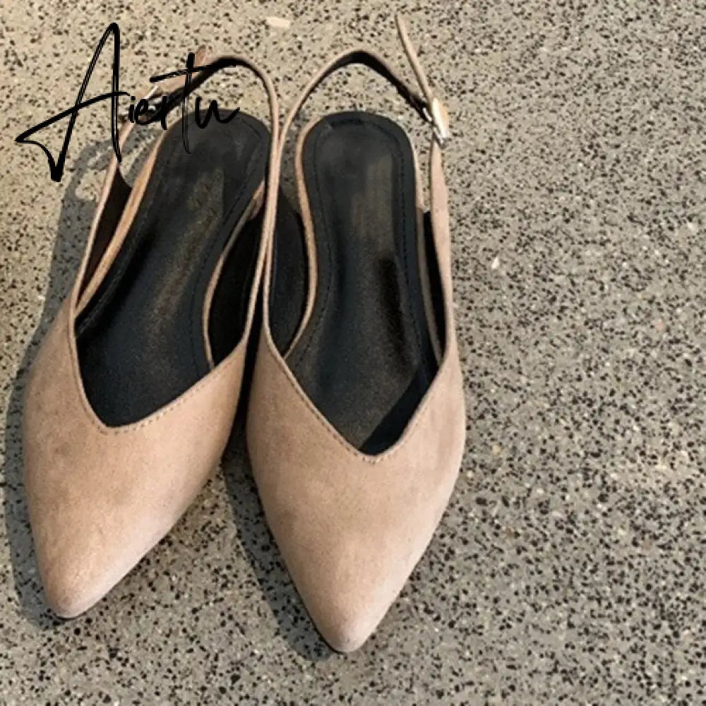 Aiertu Black Low Heels Women Pumps Buckle Flock Dress Casual Ladies Shoes Pointed Toe Slingbacks Spring Large 41 Court Shoes Aiertu