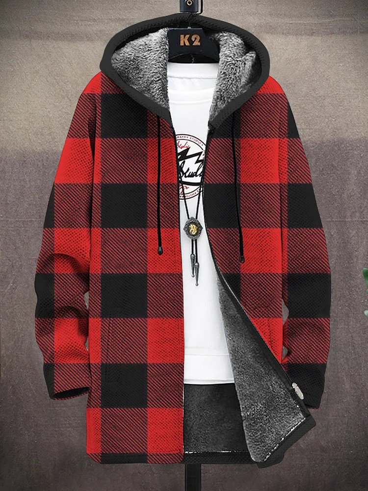 Men's Red And Black Color Block Plaid Art Print Fleece Lined Hooded Trench Coat