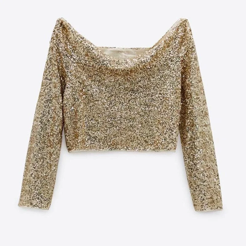 Vintage Chic Gold Sequined Cropped Blouses Women Fashion Sexy Slash Neck Shirts Elegant Ladies Short Tops