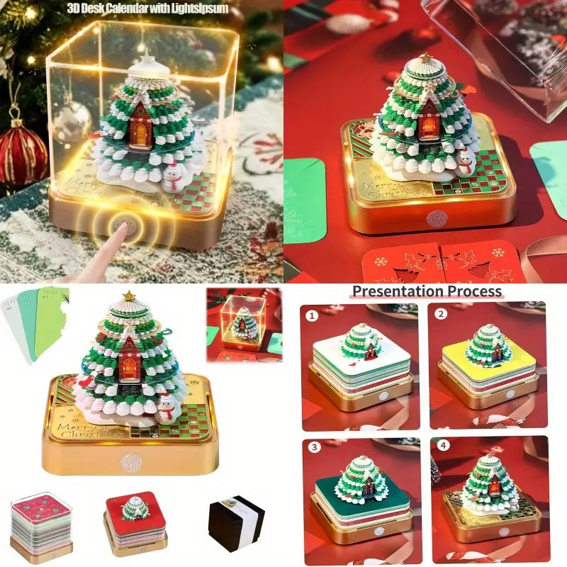 3d desk calendar with led lights festive christmas tree house design 3d paper carving art weekly date display monthly memo pad sticky note holder desktop decoration gift for home office christmas decorations Product details 0