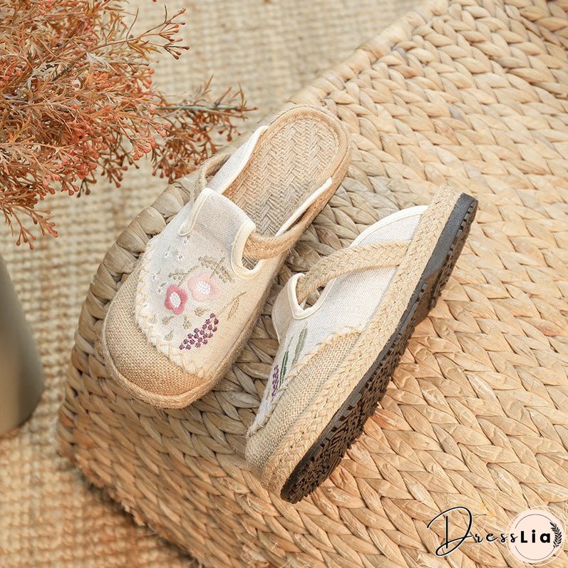 Summer New Ethnic Style Embroidered Slippers Women's Beef Tendon Bottom Cloth Shoes Women Hand-woven Linen Straw Shoes