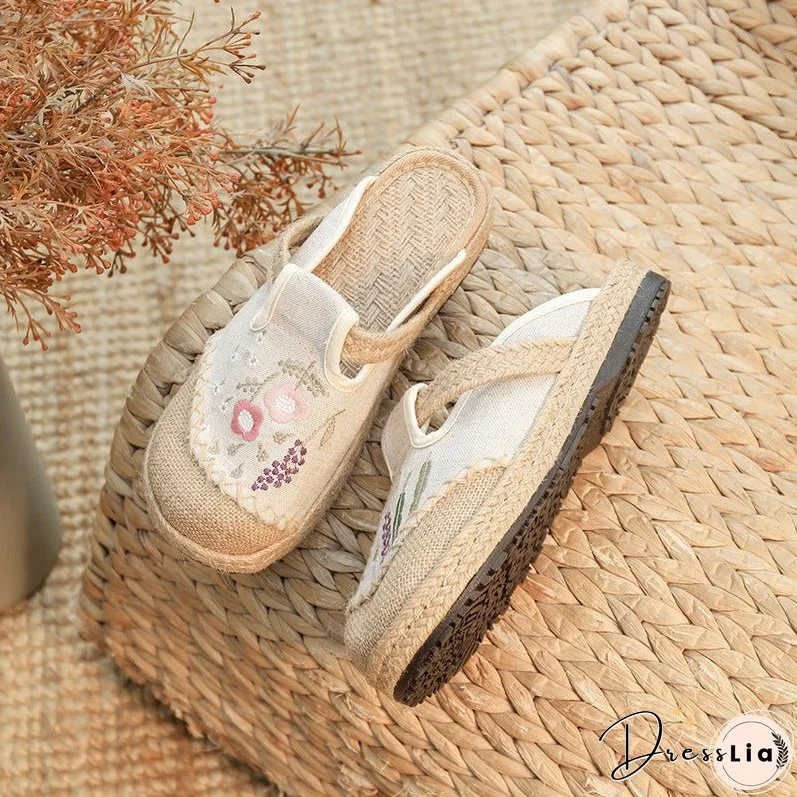 Summer New Ethnic Style Embroidered Slippers Women's Beef Tendon Bottom Cloth Shoes Women Hand-woven Linen Straw Shoes