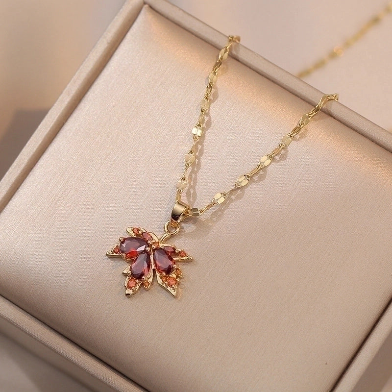 Casual Maple Leaf Titanium Steel Inlay Zircon Pendant Necklace