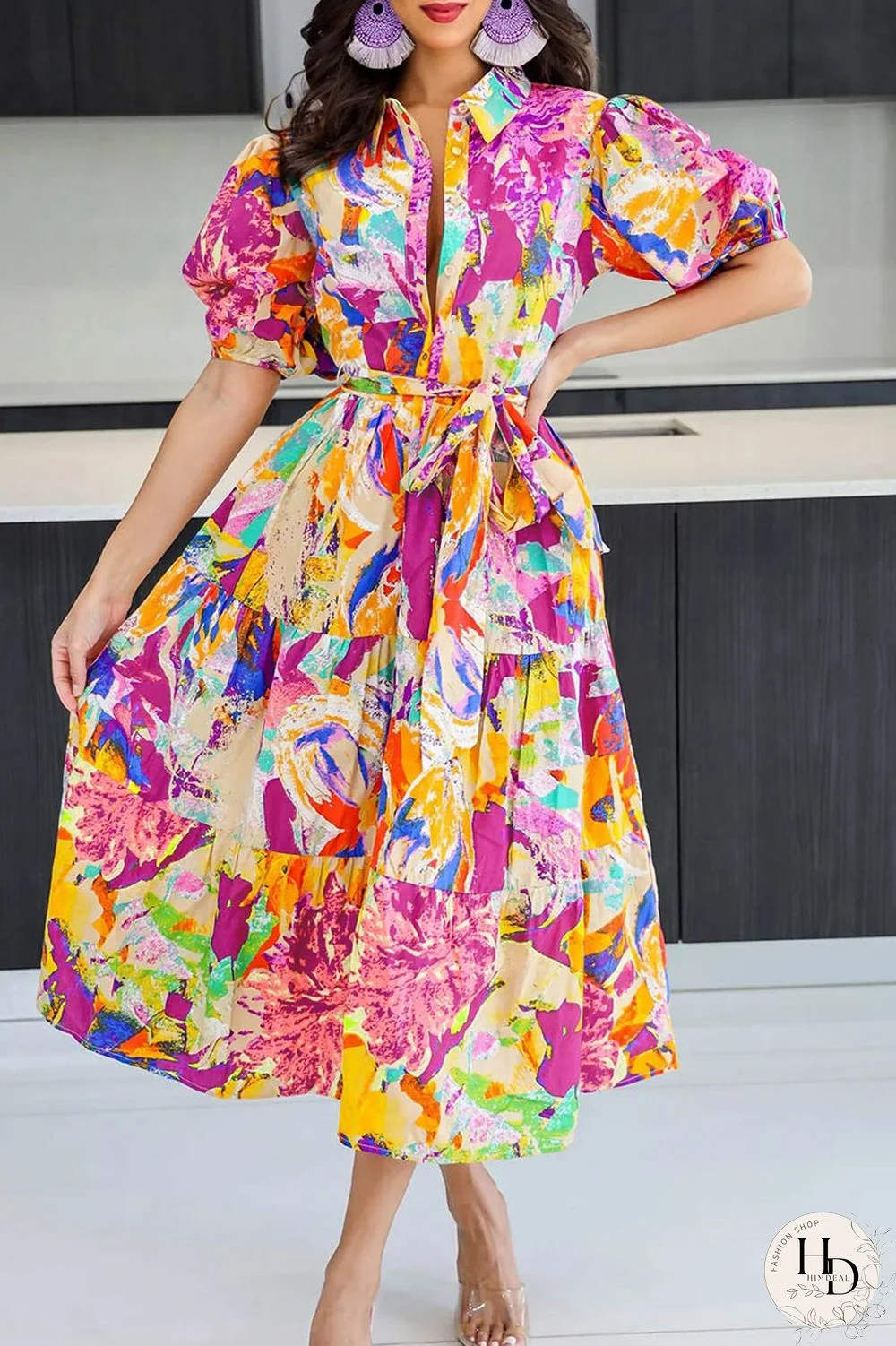 Multicolor Casual Print Patchwork Turndown Collar Short Sleeve Dress Dresses