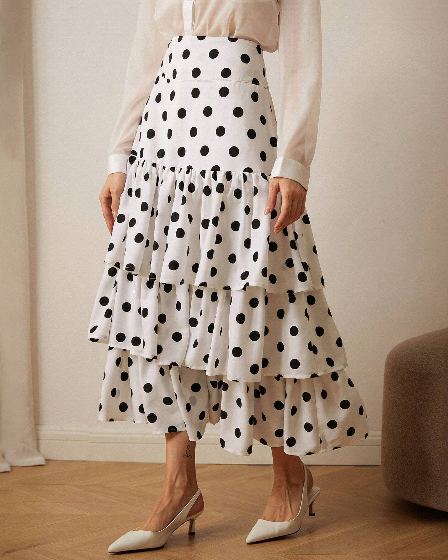 Polka Dot Tiered Ruffled High Waist Midi Skirt