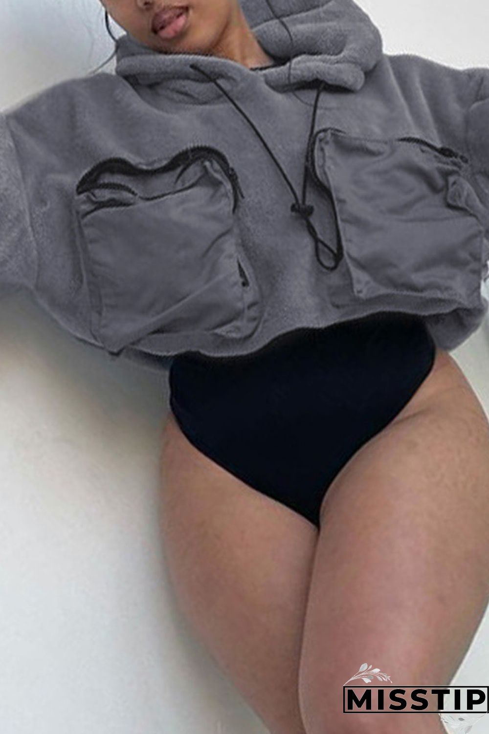 Grey Casual Solid Patchwork Pocket Hooded Collar Tops