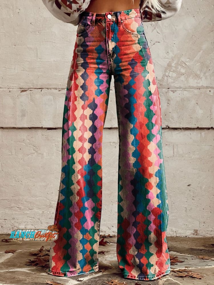 Women’s Vintage Print Casual Wide Leg Pants Multicolor / S