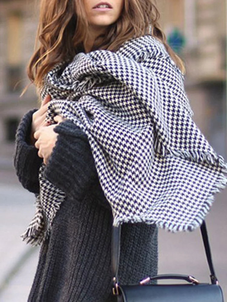 Daily Houndstooth Fringe Trim Knit Blanket Scarf