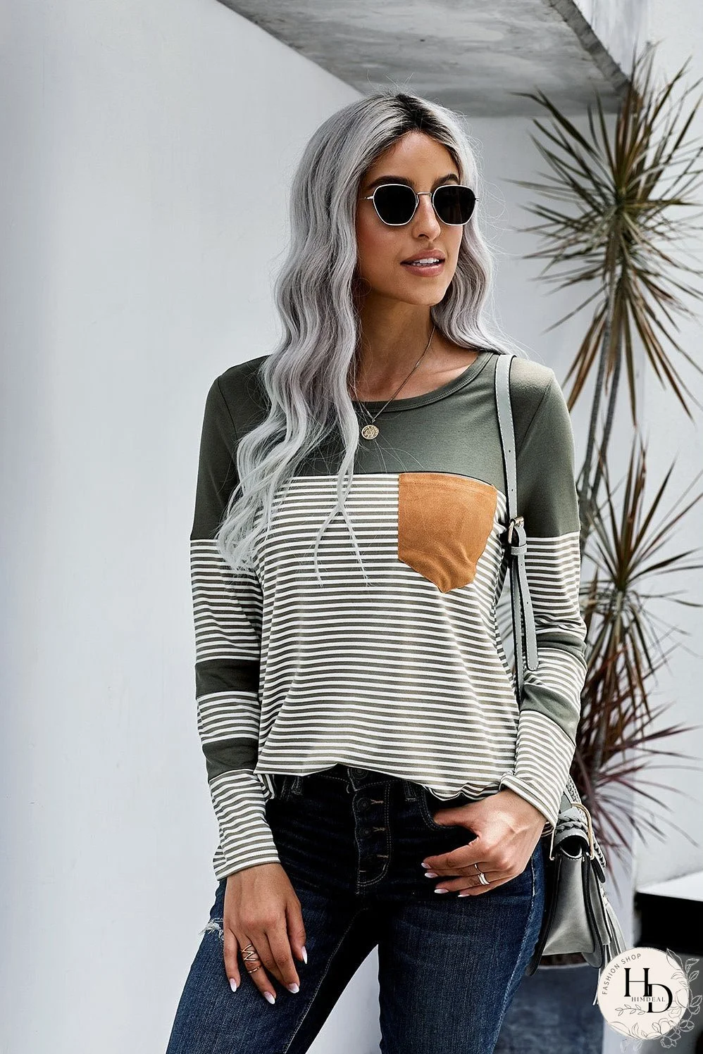 Green Pinstripe Patch Pocket Long Sleeve Top