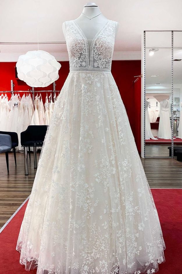 Bellasprom Gorgeous Long Tulle Open Back Wedding Dress With Lace Appliques