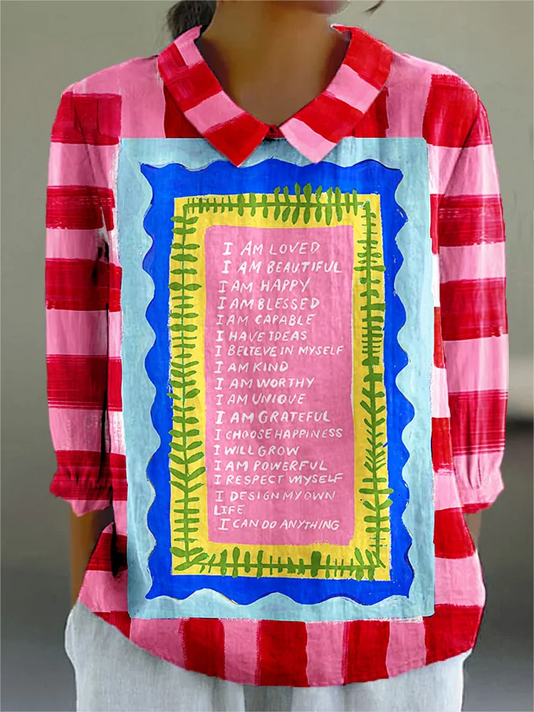 Women's Vintage Abstract Geometric Color Blocks Print Casual Cotton And Linen 3/4 Sleeve Shirt