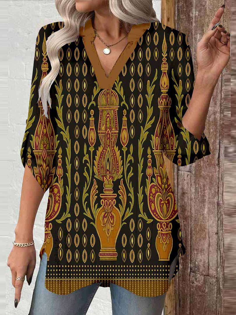 Women Retro, Black, Brown DZGA0408 3/4 Sleeve V-neck Printed Graphic Button Tops