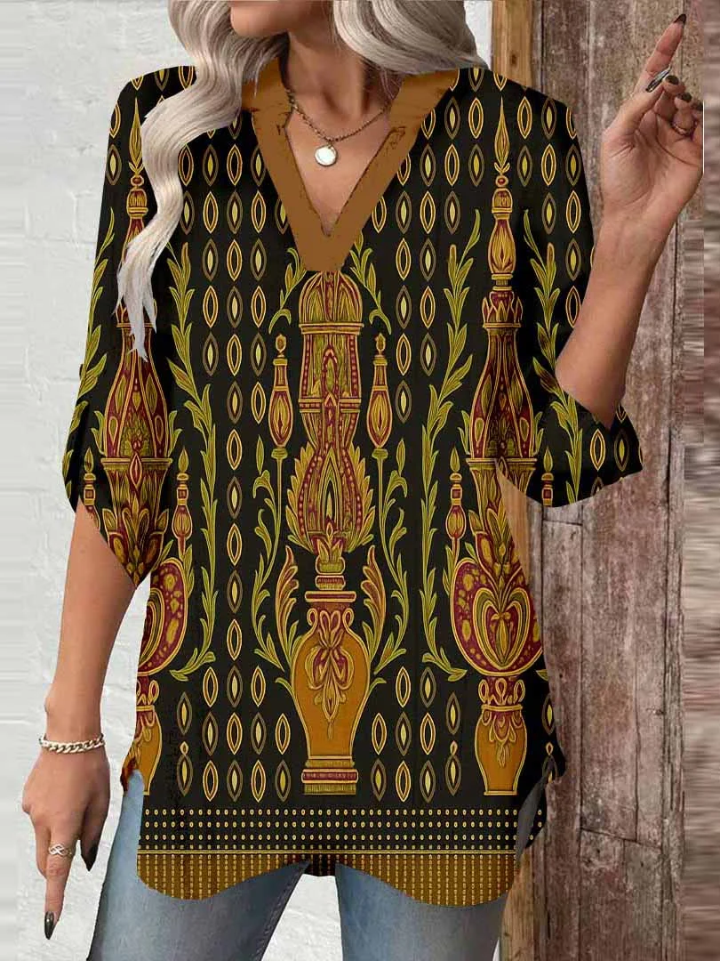 Women Retro, Black, Brown DZGA0408 3/4 Sleeve V-neck Printed Graphic Button Tops