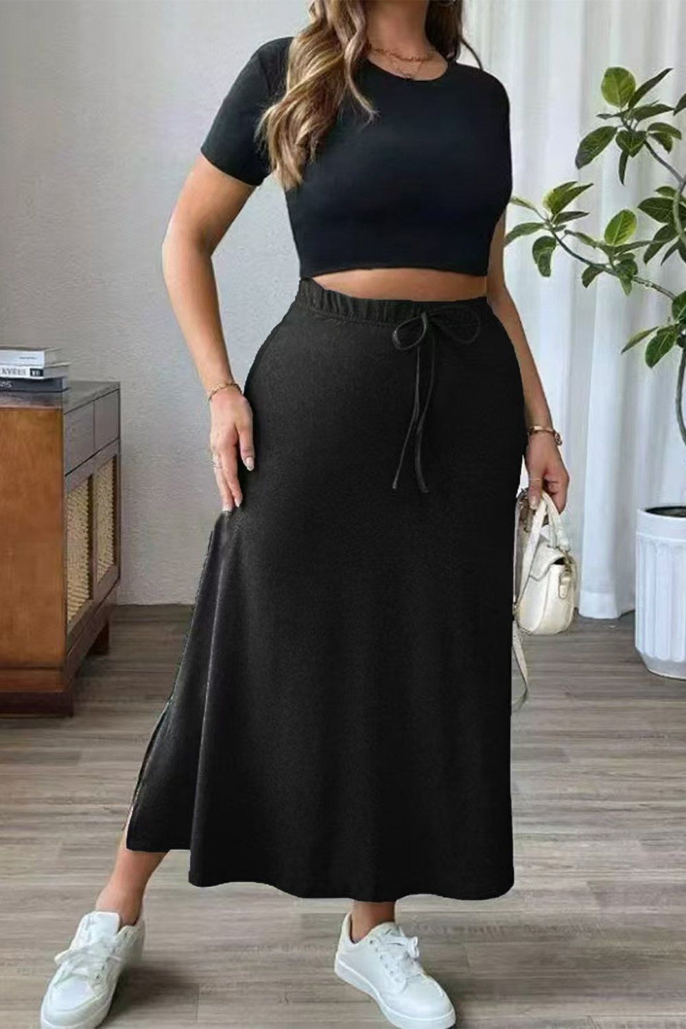 Plus Size Casual Dark Gray Lace Up Side Slit Midi Skirt 2024 - Flycurvy 